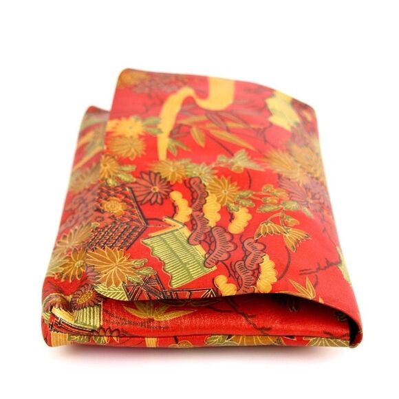 VTG HANDCRAFTED RED MULTICOLOR GENUINE LEATHER FLORAL ASIAN PRINT CLUTCH POUCH